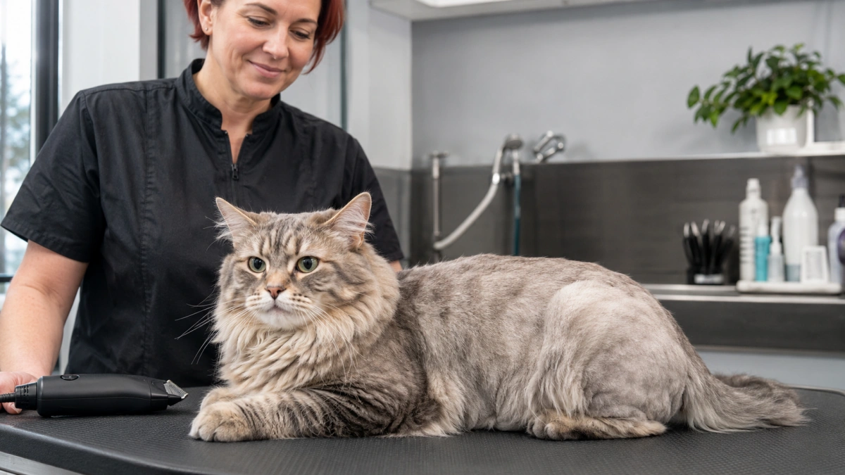 Long-haired cat after professional removal of difficult matted coat