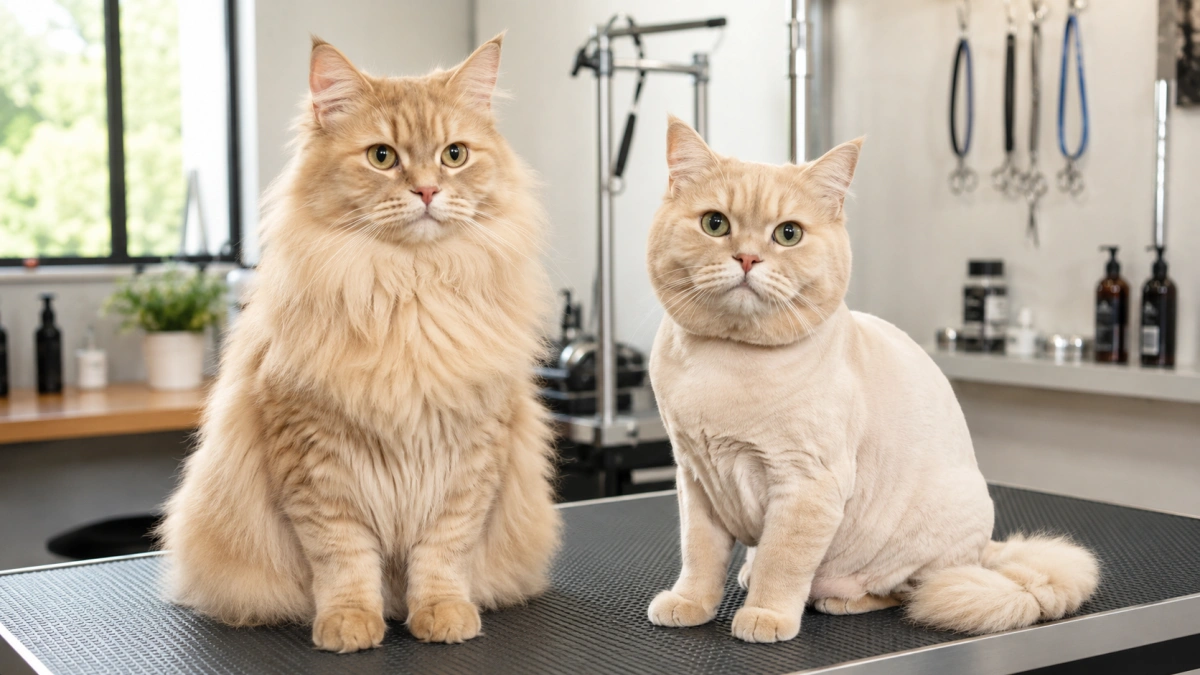 Natural well-groomed cat coat compared with a practical professional cat haircut