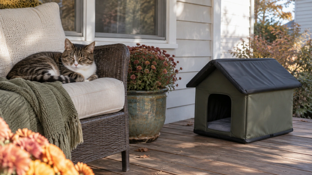 Cat ignoring a new outdoor shelter and choosing another resting spot