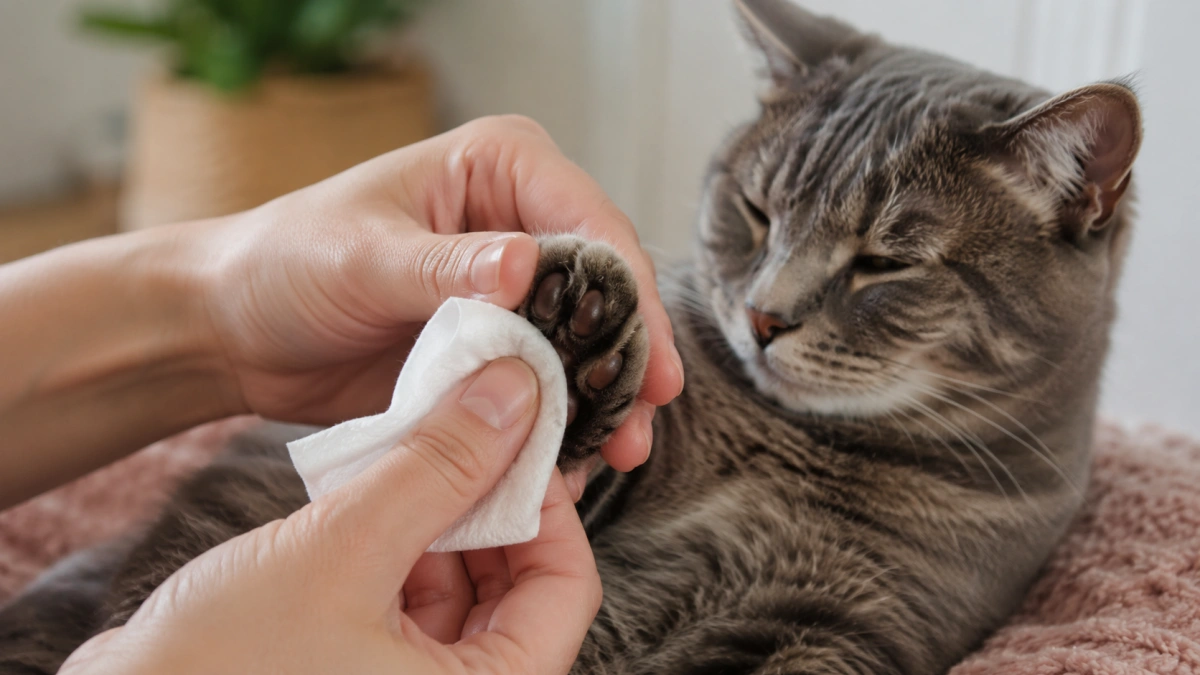 Owner gently cleaning ordinary dirt from a cat's paw with a pet grooming wipe
