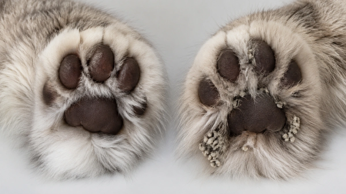 Natural cat paw tufts compared with excess fur extending beneath the paw pads