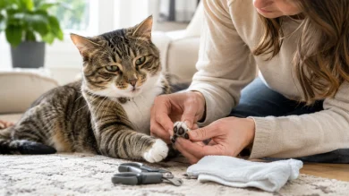 Owner gently inspecting a cat's paw pads fur and claw during routine grooming