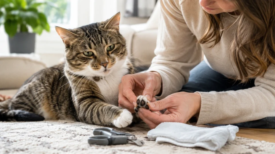 Owner gently inspecting a cat's paw pads fur and claw during routine grooming