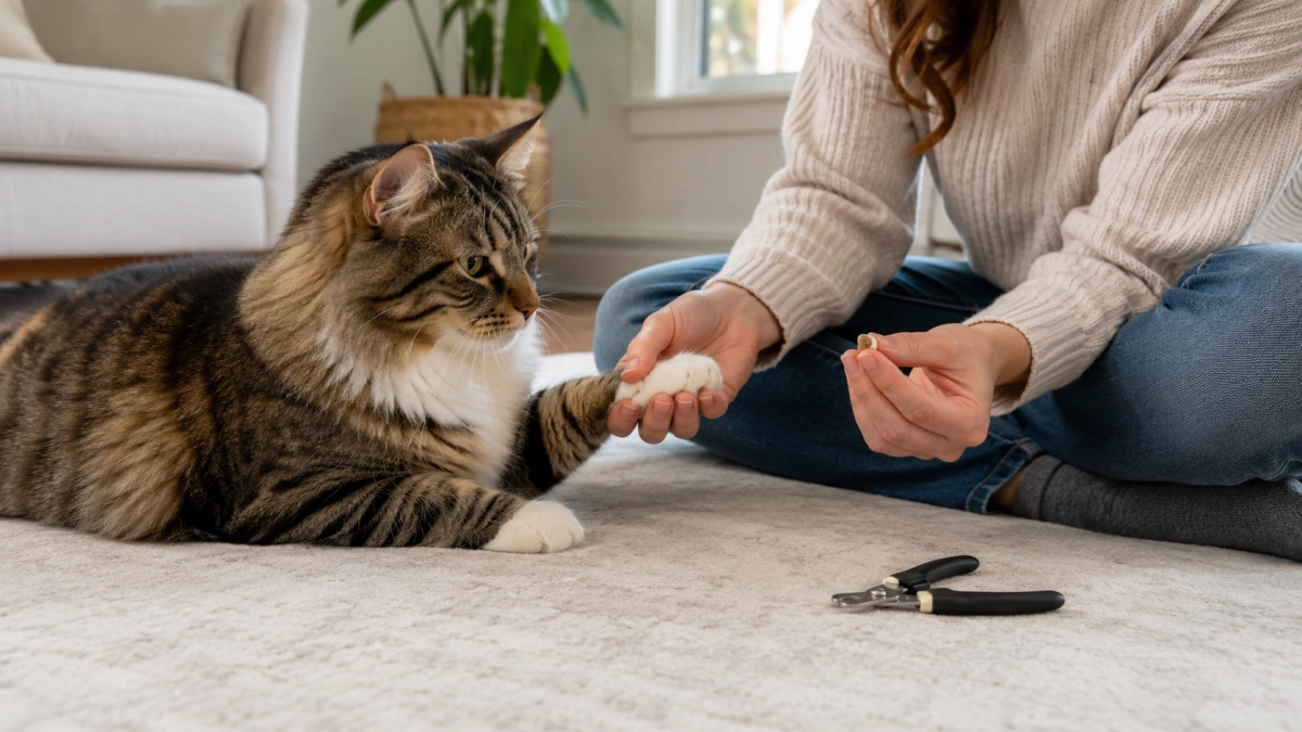 Owner practicing calm paw handling with a relaxed cat before nail grooming
