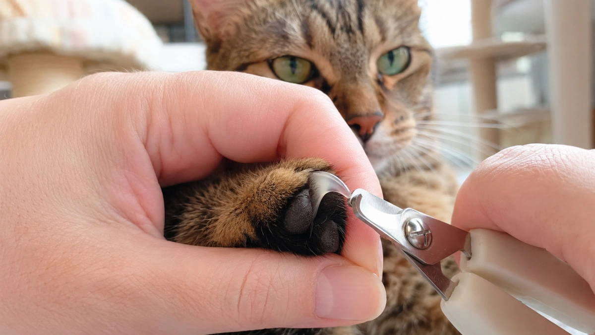 Cat nail clippers positioned only at the sharp translucent tip of a cat claw