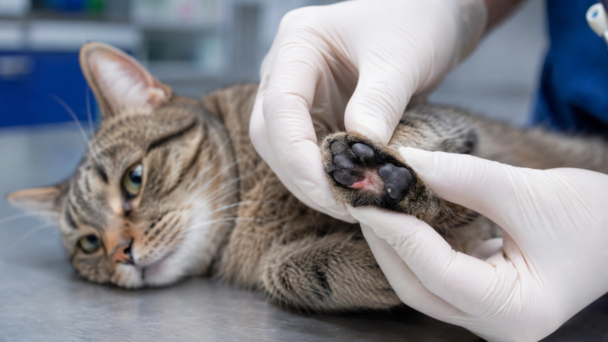 Veterinarian gently examining a cat paw with a mild visible problem