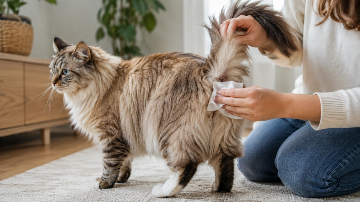 Owner gently spot cleaning the outer rear coat of a long-haired cat