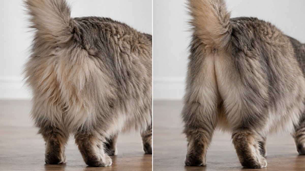 Long-haired cat rear coat before and after a subtle sanitary trim