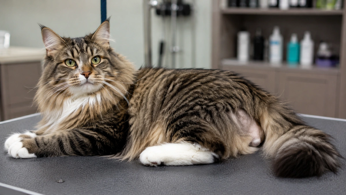 Long-haired cat after a subtle professional sanitary trim