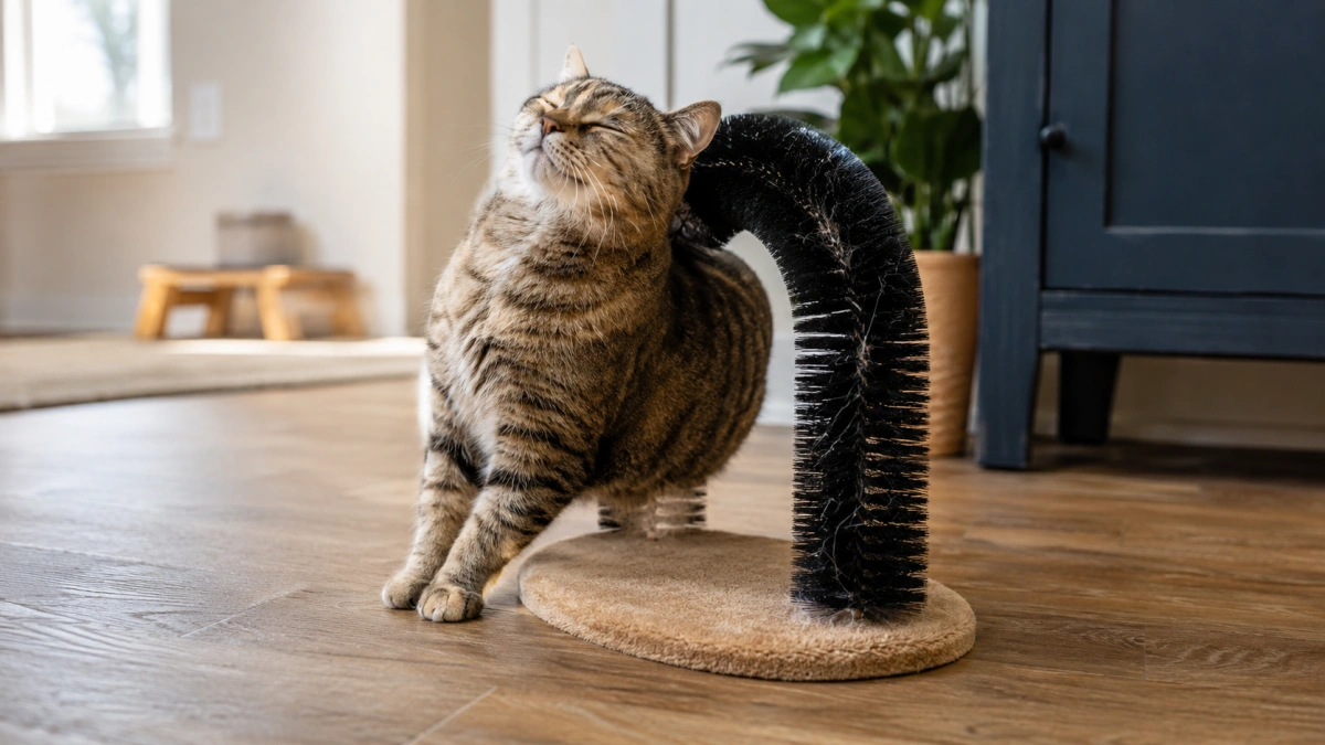 Cat using a self grooming arch brush at home