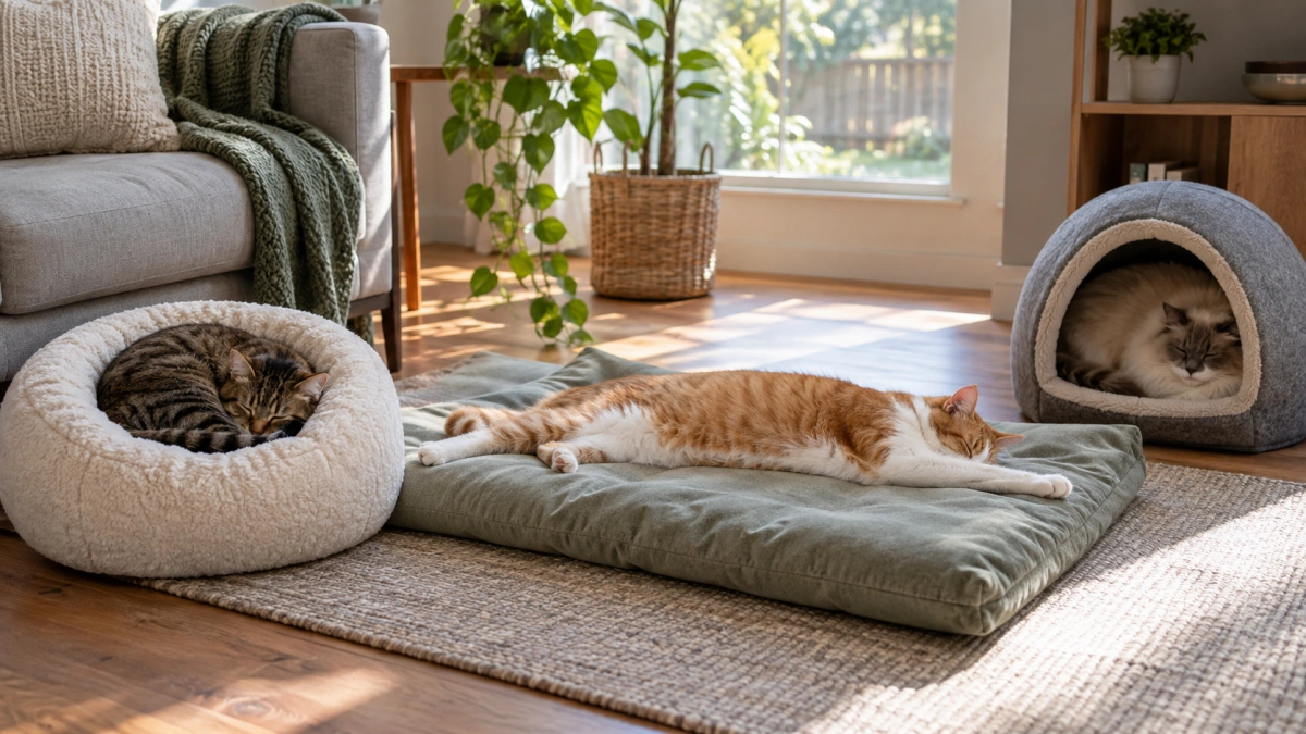 Cats curling stretching and hiding in different bed styles