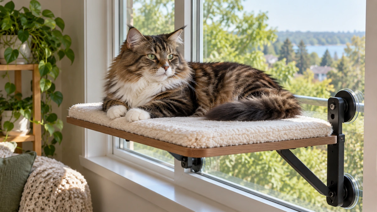 Cat lying comfortably on a wide correctly sized window perch