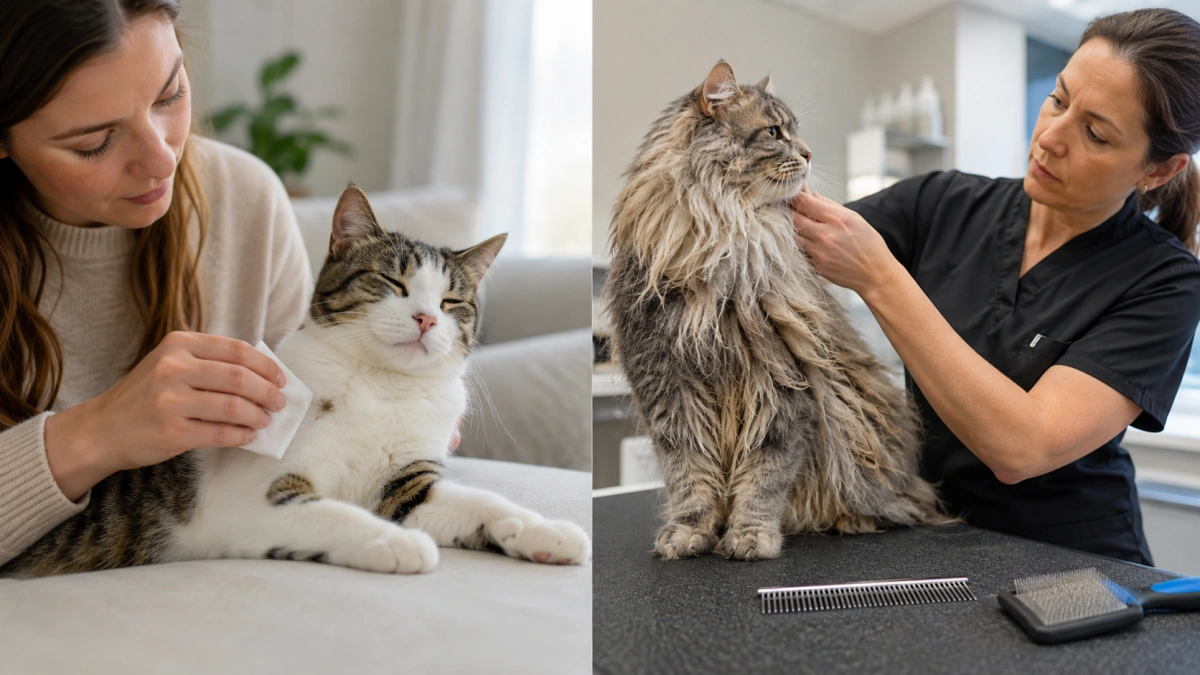 Minor cat spot cleaning with a wipe compared with professional assessment of a larger grooming problem