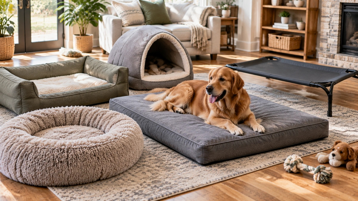 Dog resting inside a cave style covered dog bed