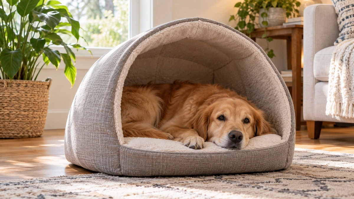 Dog resting in a covered bed with open entrance and comfortable airflow