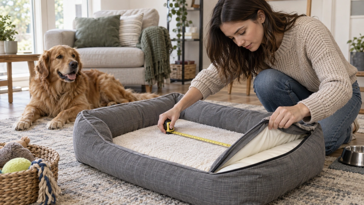 Owner checking size washability and construction before buying a cheap dog bed