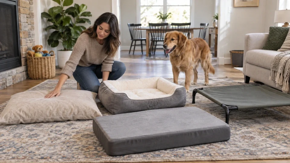 Owner comparing cheap dog beds before choosing a budget-friendly option