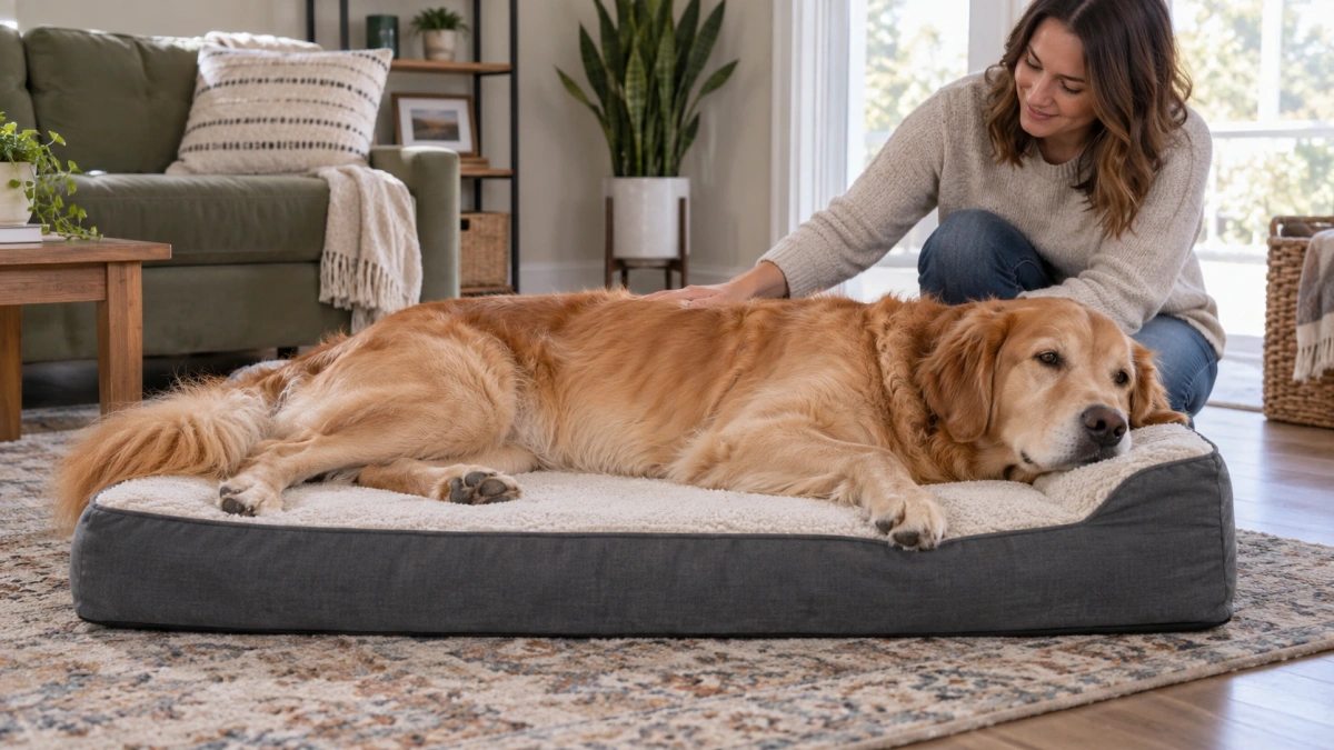 Large dog using a properly sized cheap dog bed