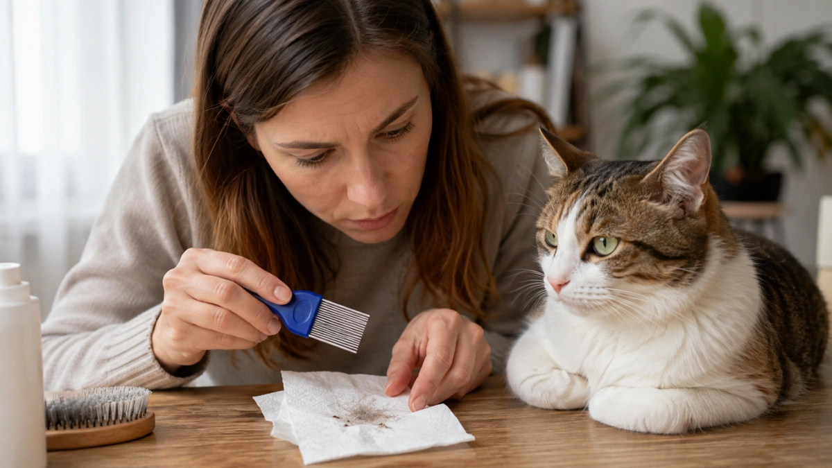 Owner inspecting debris collected during flea comb grooming