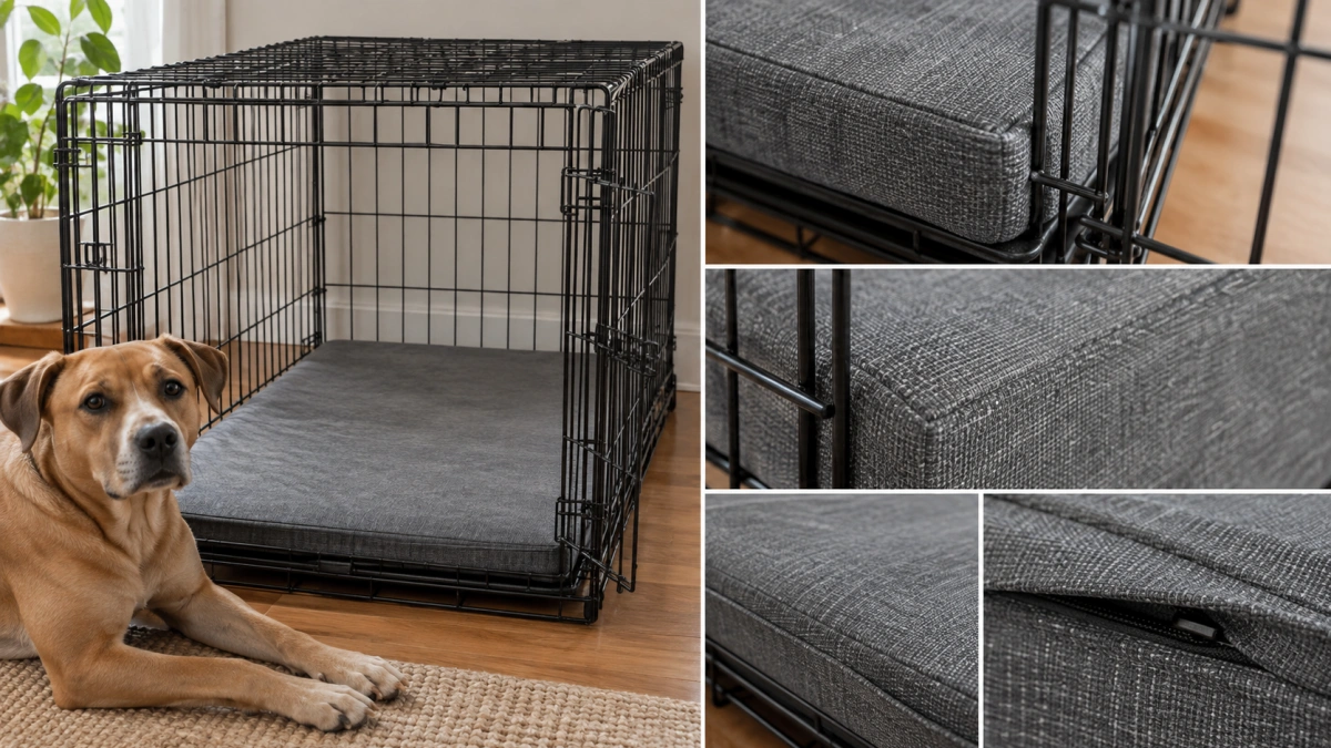 Chew resistant dog crate bed with protected seams and edges