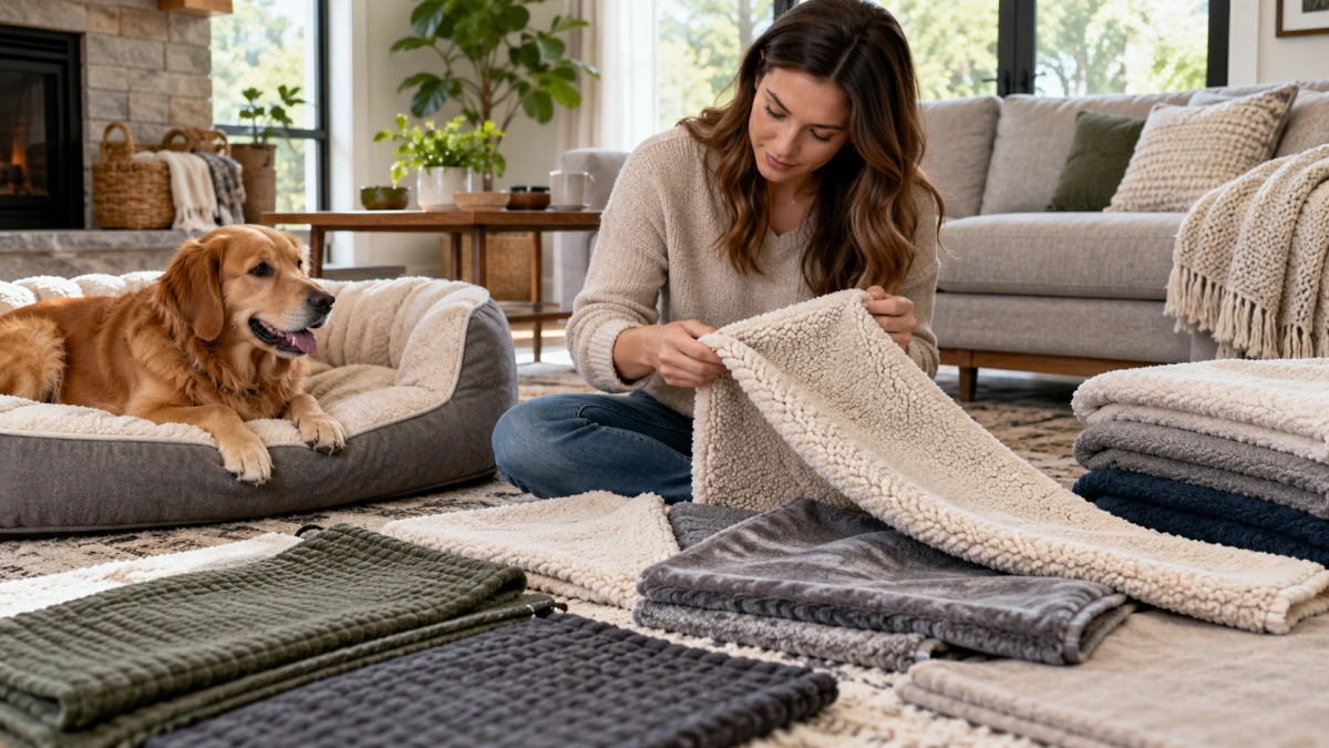 Owner choosing the best dog blanket for size material and daily use