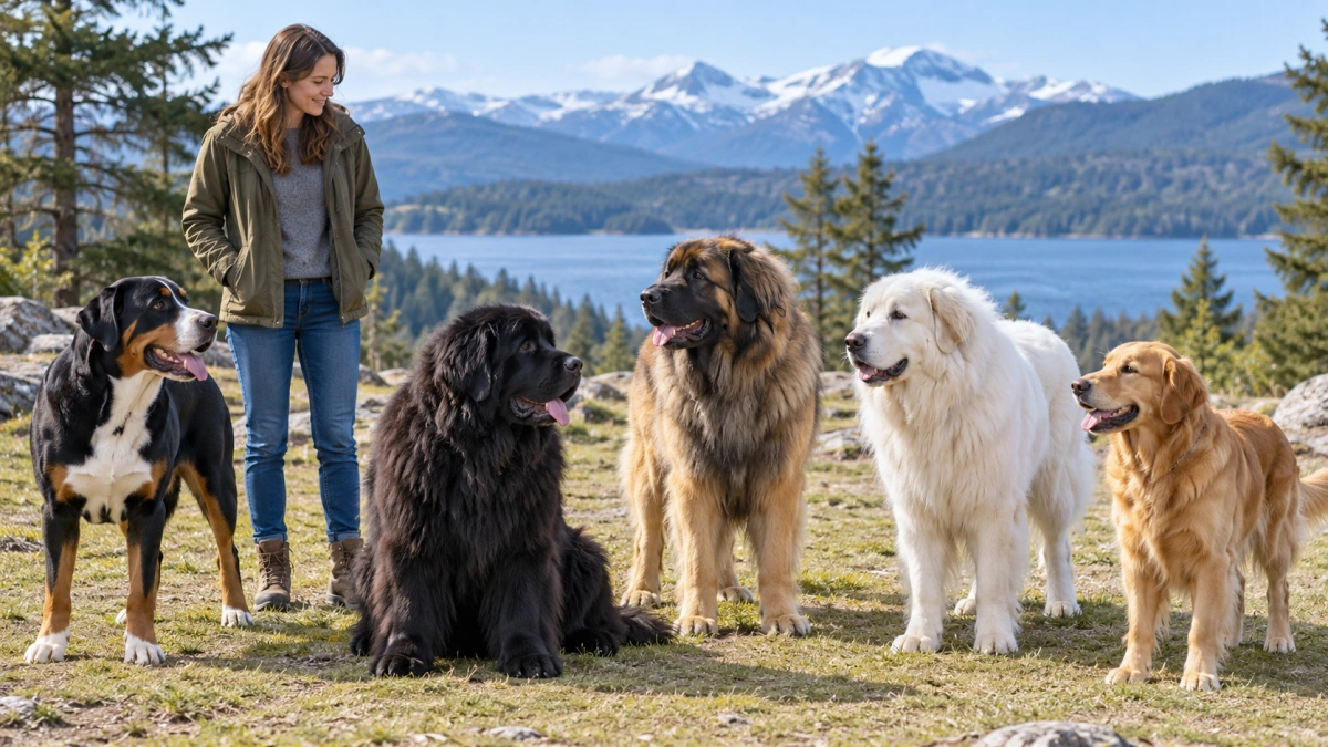Owner comparing several dog breeds similar to a Bernese Mountain Dog