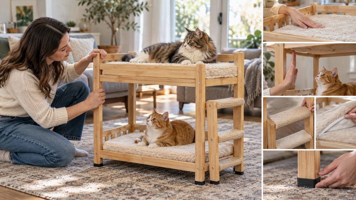 Owner checking the size and stability of a cat bunk bed