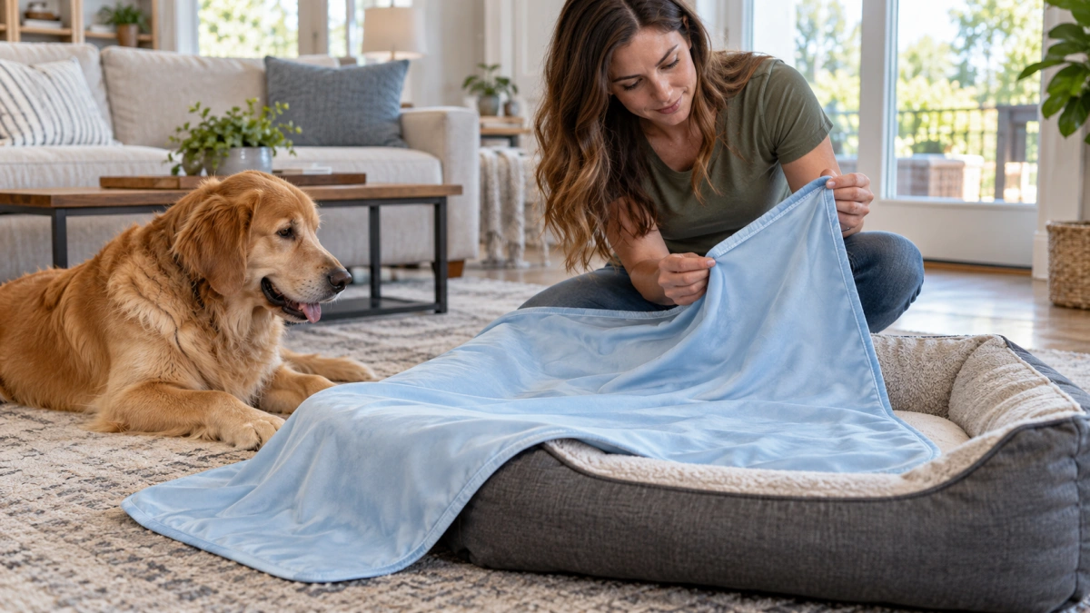 Owner checking a cooling dog blanket before choosing it for their dog
