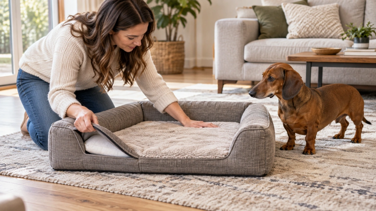 Owner choosing the right dog bed for a Dachshund