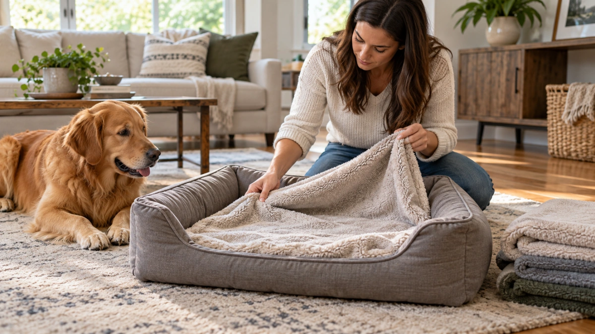 Owner choosing a washable blanket for a dog bed