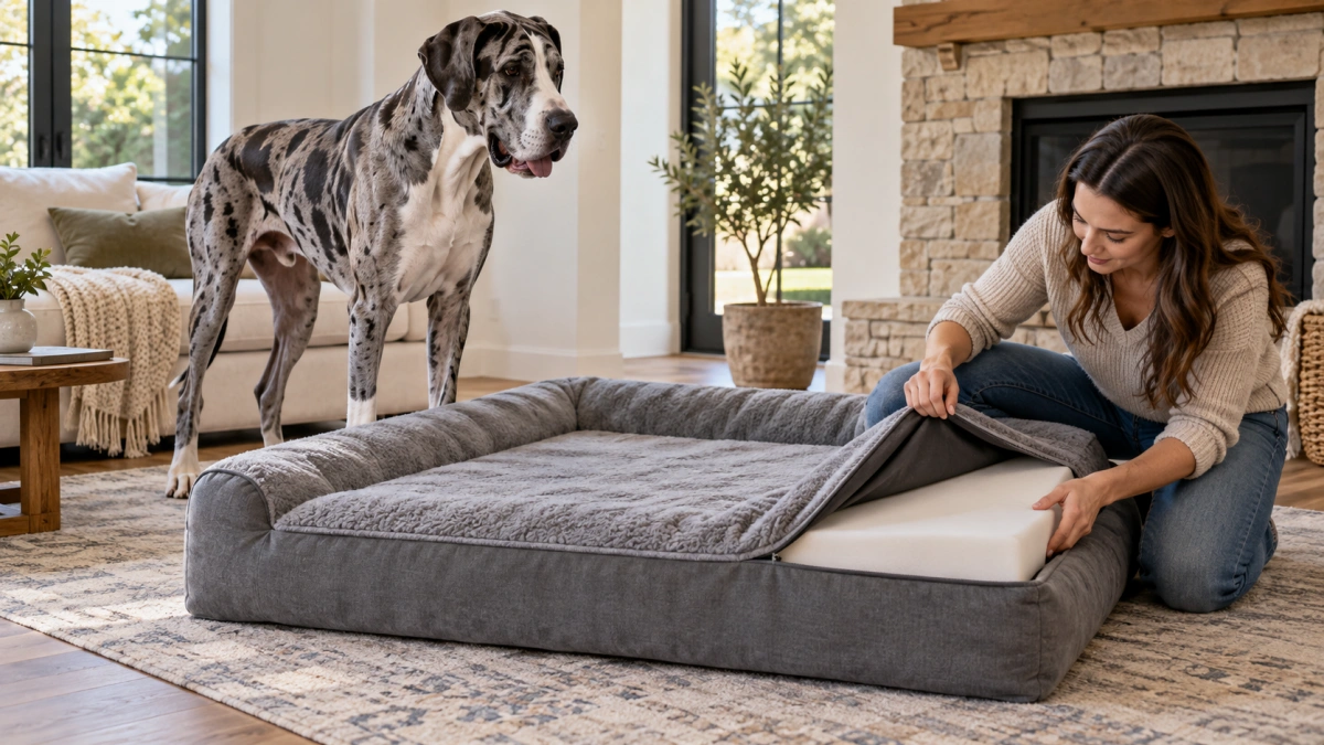 Owner choosing the right dog bed for a Great Dane