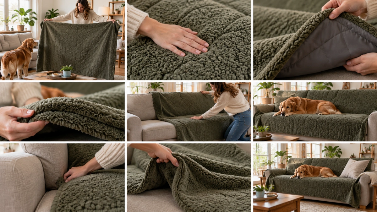 Owner choosing a washable dog blanket for couch protection