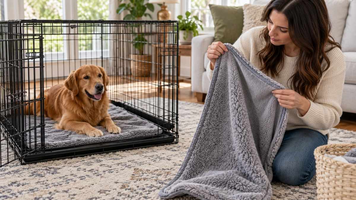 Owner choosing a safe washable blanket for a dog crate