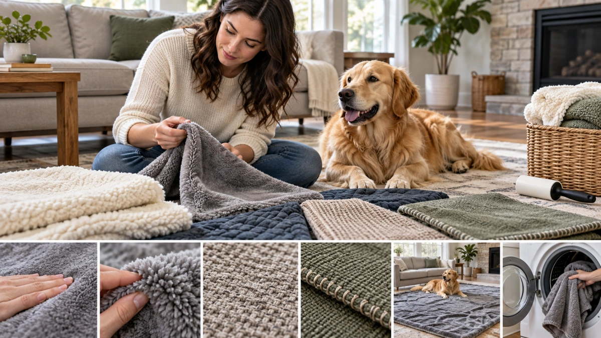 Owner choosing an easy clean blanket for a shedding dog