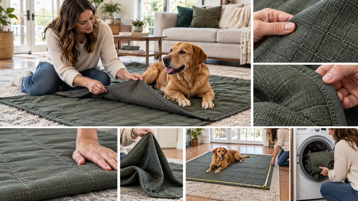 Owner evaluating the construction of a durable dog blanket