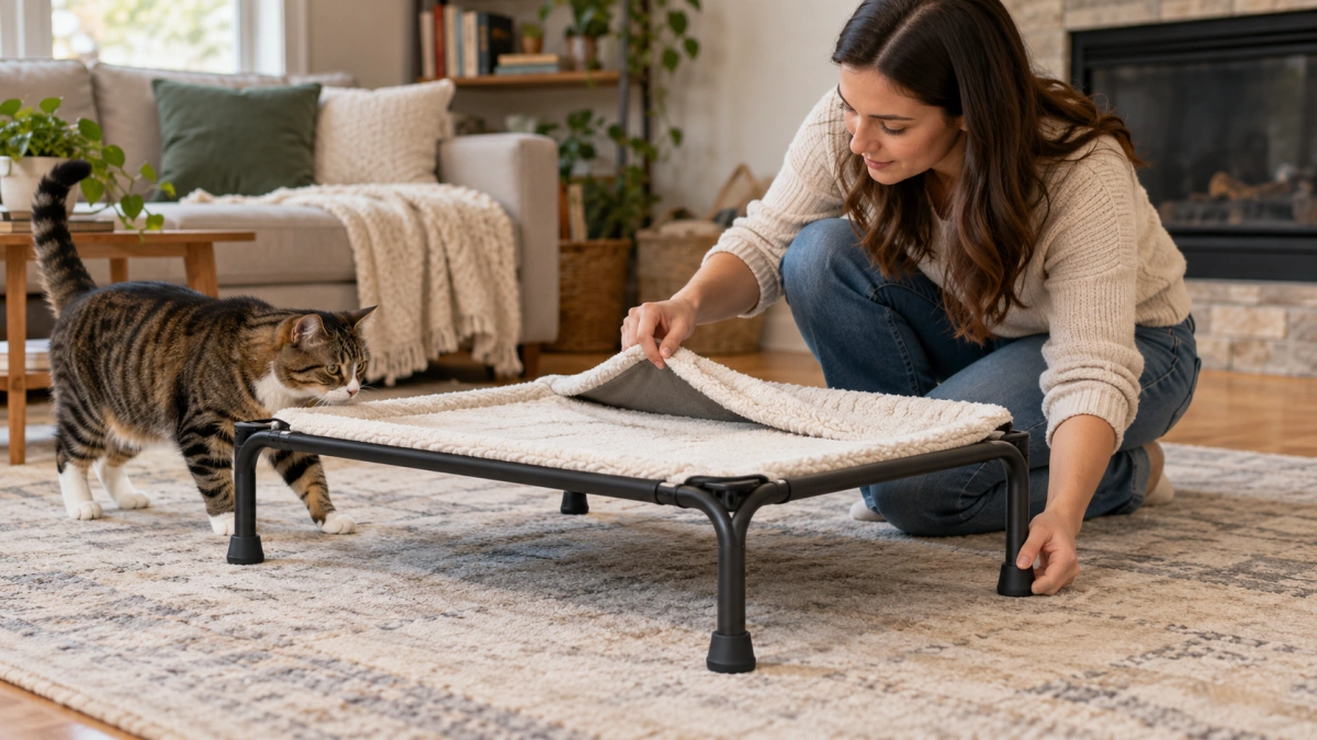 Owner choosing a stable elevated cat bed for their cat