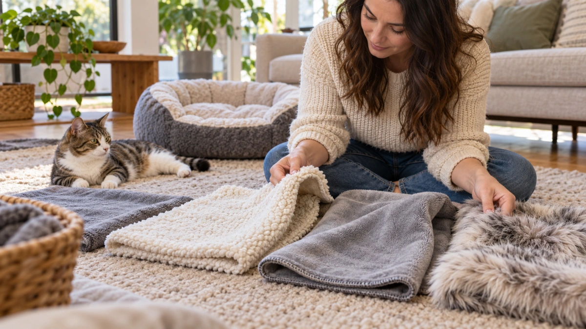Owner choosing a fleece blanket for a cat