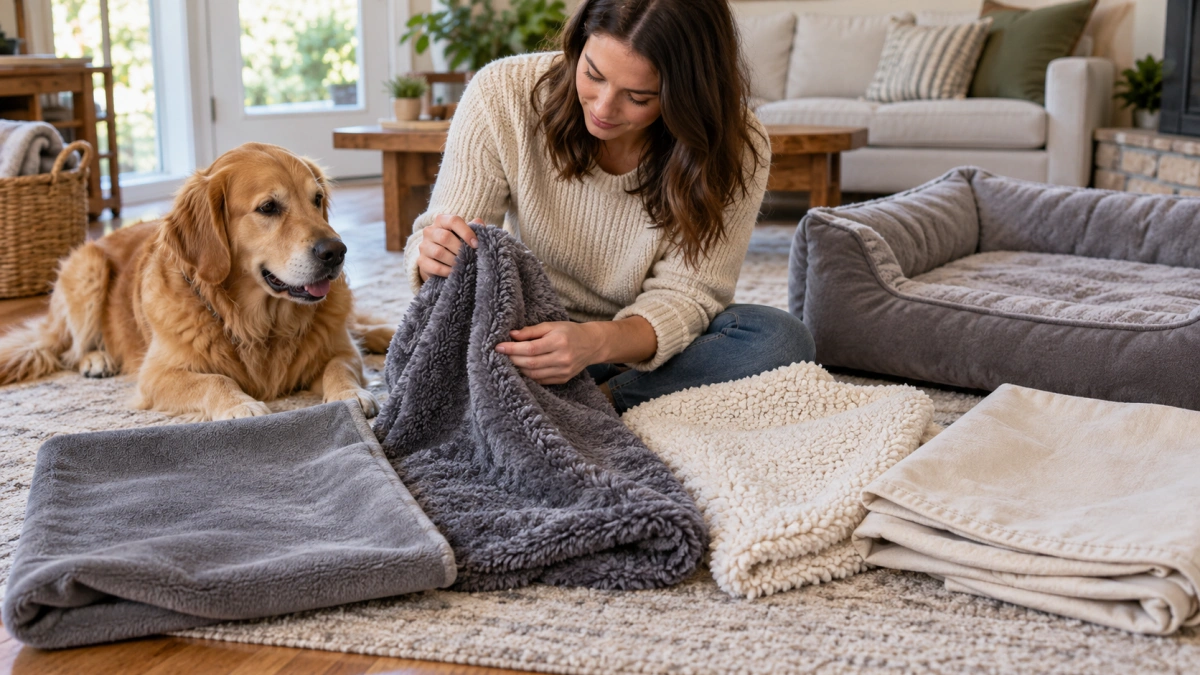 Owner comparing fleece plush and sherpa dog blankets