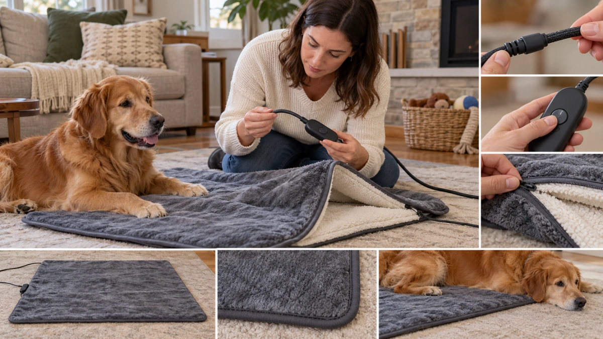 Owner checking a heated dog blanket before safe use
