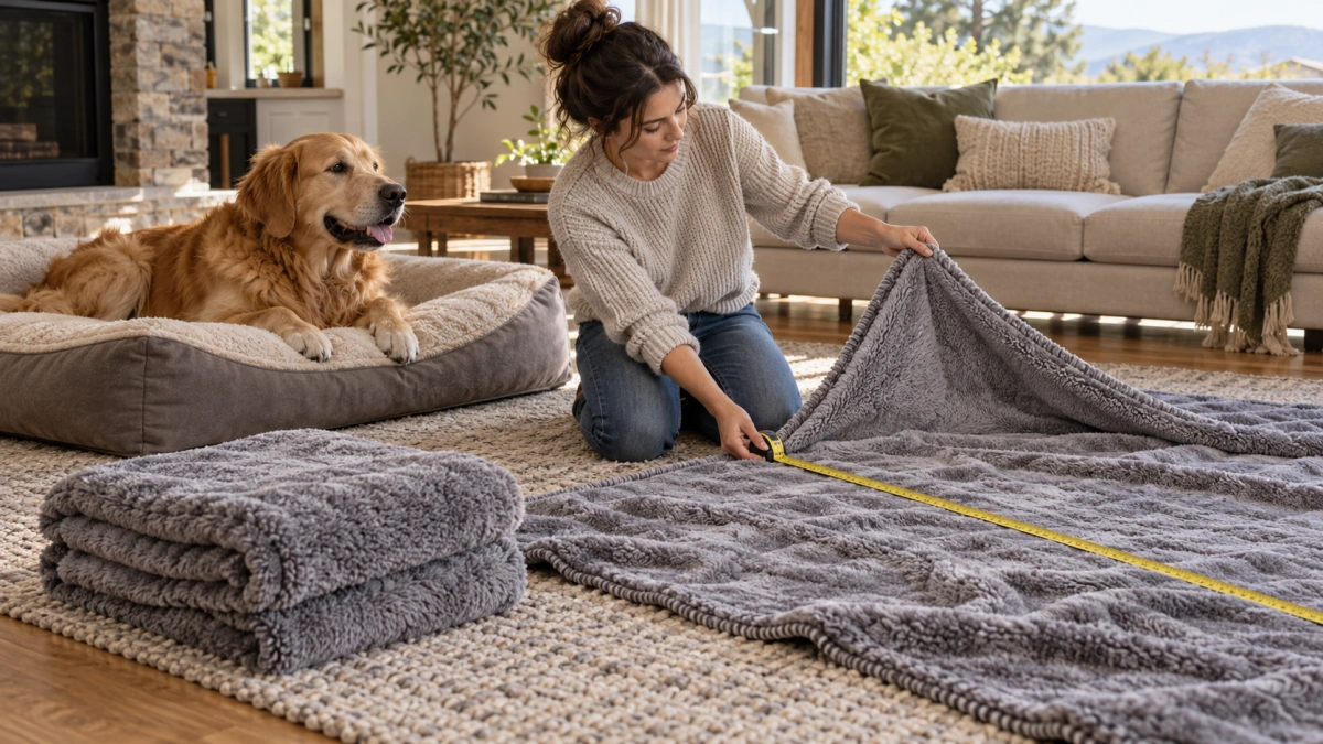 Owner choosing the right size and material blanket for a large dog