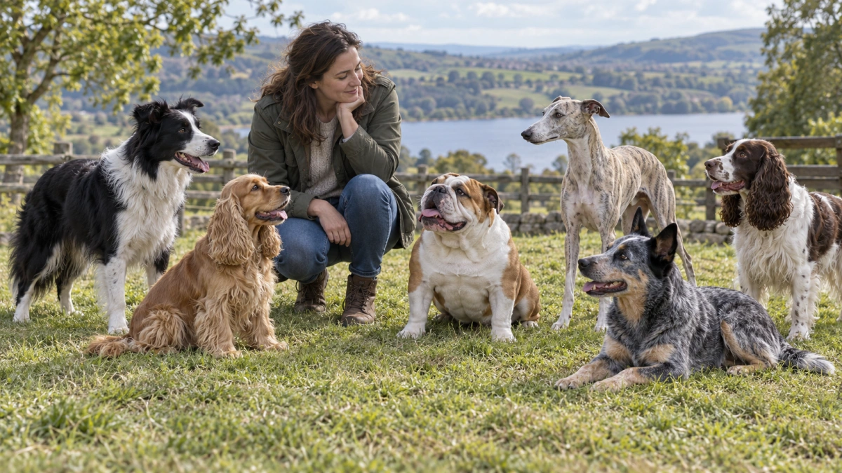 Owner comparing several medium sized dog breeds