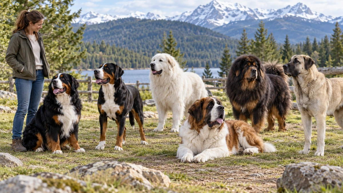 Owner comparing several large mountain dog breeds
