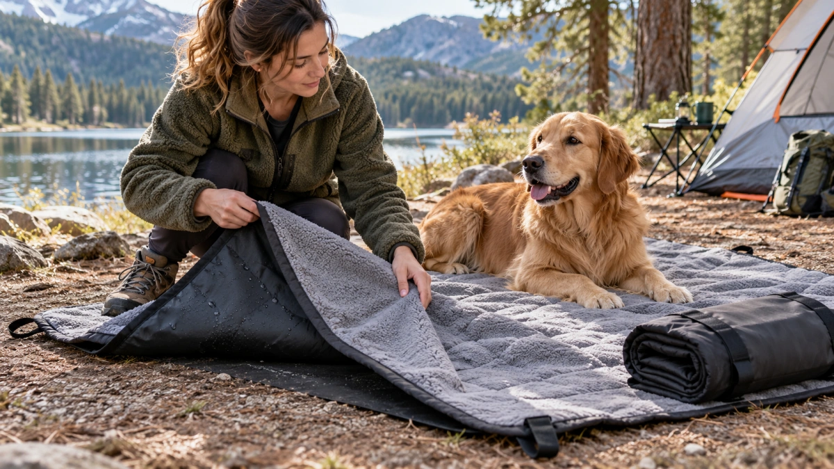 Owner choosing a weather ready outdoor dog blanket