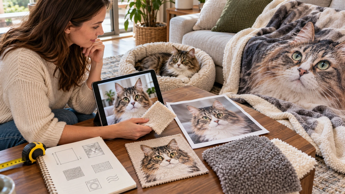 Owner choosing options for a personalized cat blanket
