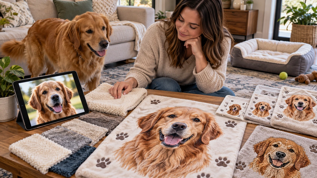 Owner checking options for a personalized dog blanket