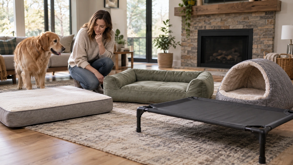 Owner choosing the right dog bed type based on dog needs