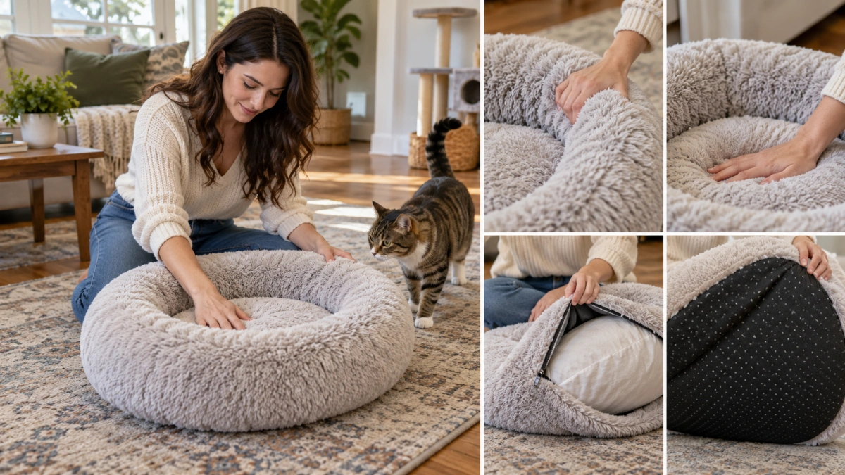 Owner choosing the right round donut cat bed for their cat