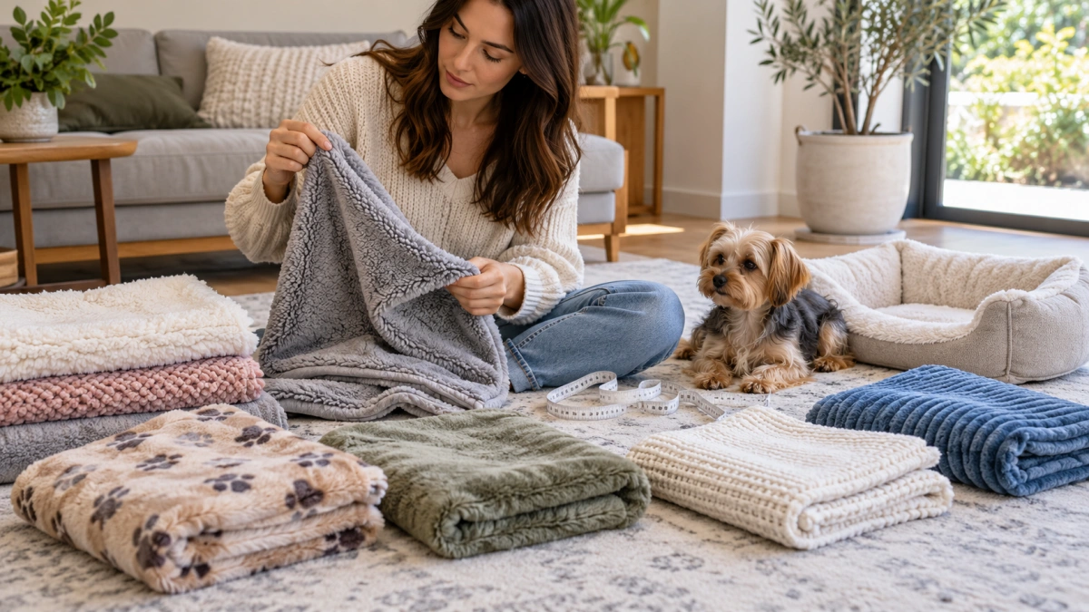 Owner choosing the right size and material blanket for a small dog