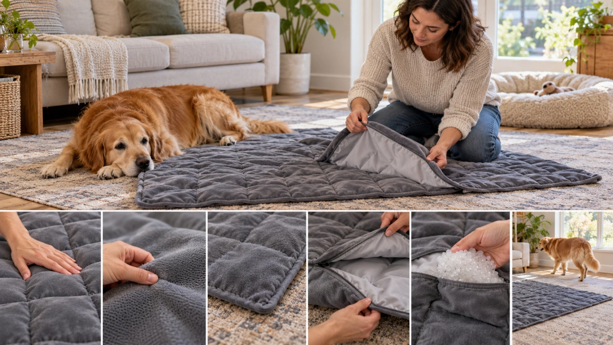 Owner checking safety and fit of a weighted dog blanket