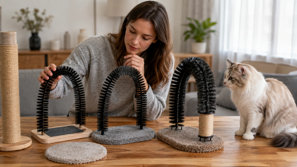 Owner comparing different self grooming arch designs for a cat